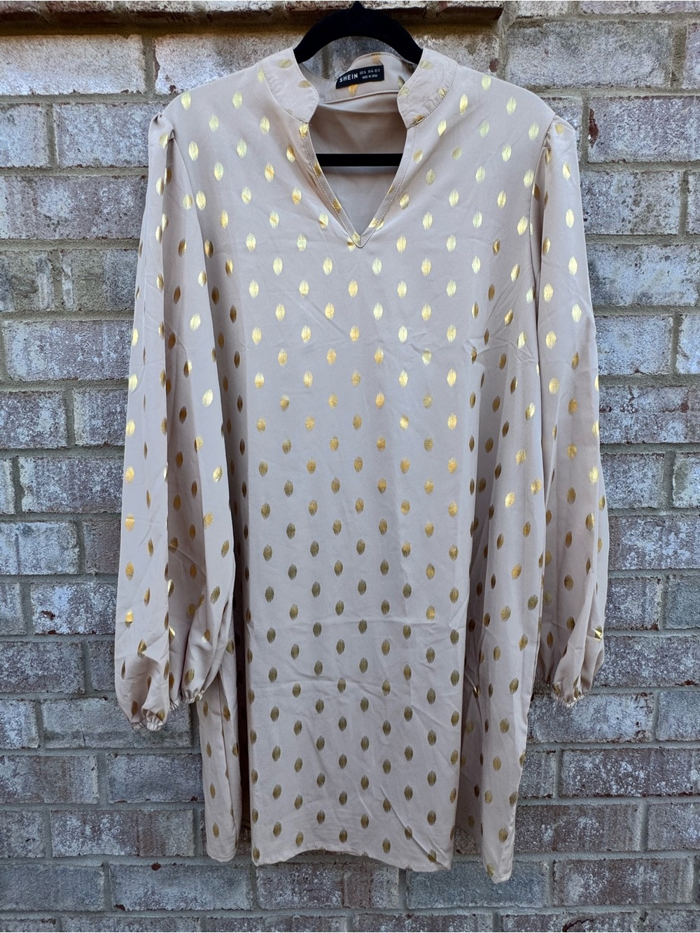 St. John Beige Long-Sleeve Tunic Dress with Gold Dots